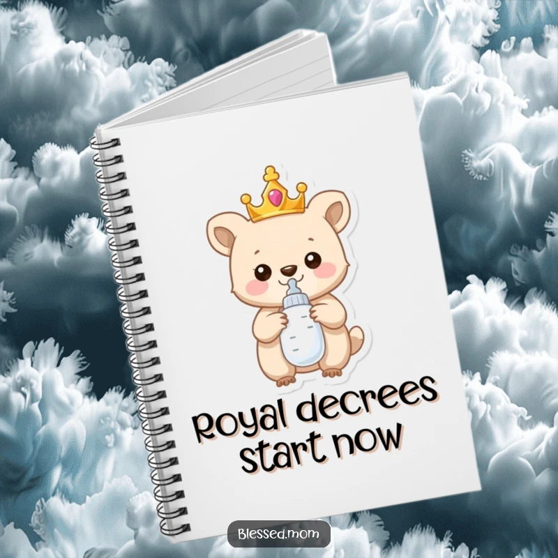 Funny Notebook: A proud, crowned baby animal holding a baby bottle, ideal for note-taking with a touch of regal humor.