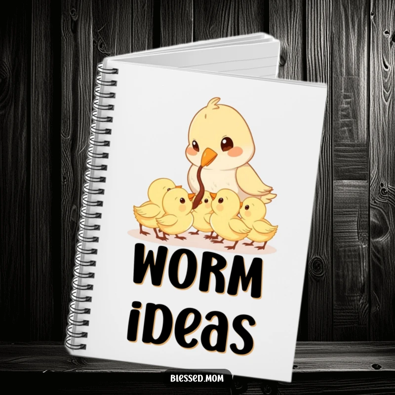 Funny Mama Bird notebook cover shows a cute bird feeding a worm to its eager chicks, ideal for jotting down thoughts.