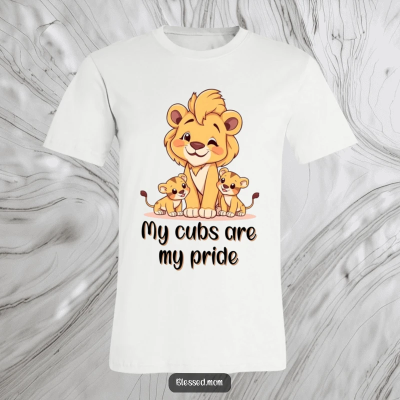 Fierce lioness mom t-shirt with cubs playing, representing protective instincts and majestic maternal power.