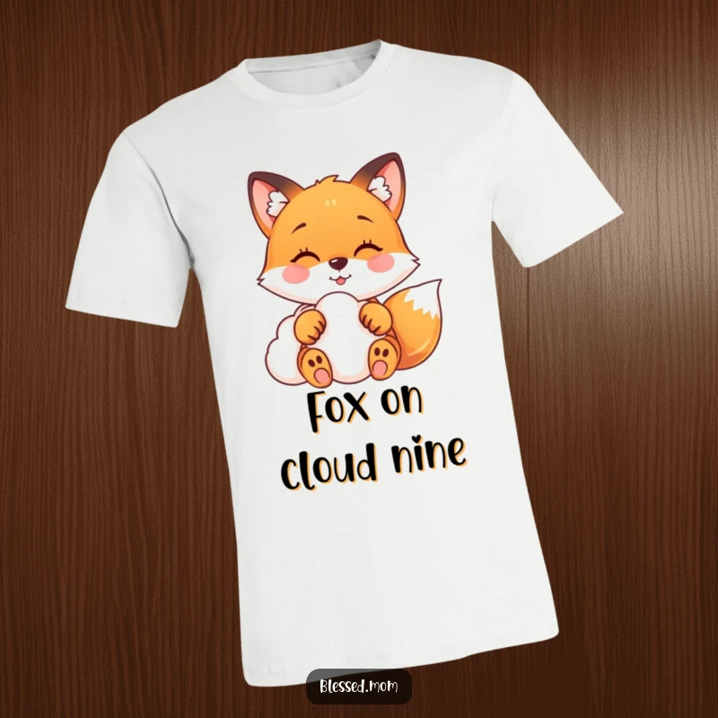 Funny fox t-shirt featuring a happy fox with paws touching a soft cloud, symbolizing dreams and peaceful joy.