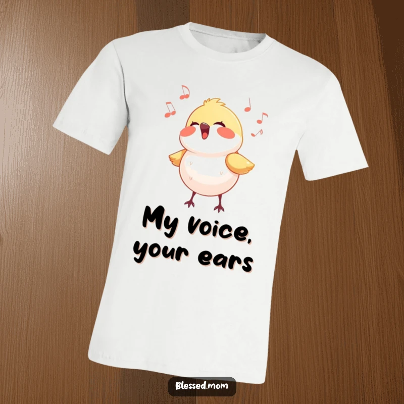 Funny bird t-shirt with a small bird singing a joyful tune surrounded by a warm light, symbolizing pure bliss.