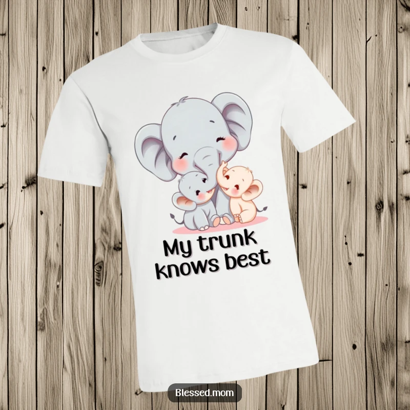 Funny elephant mom joyfully tickling her baby with her trunk, illustrated on a soft t-shirt for a humorous and heartwarming feel.