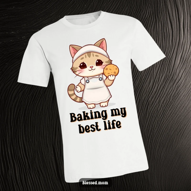 Funny kawaii cat mom t-shirt, a sweet cat mom in a cozy apron presenting a warm cookie, ideal for cat lovers and bakers.