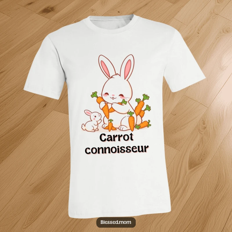 Funny Mama Rabbit Carrots T-Shirt, a kawaii mother rabbit offering a bunch of carrots to her offspring, cute and sweet, ideal gift.