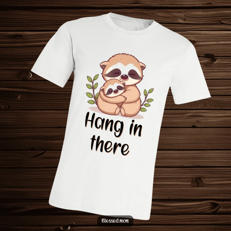 Funny Mama Sloth t-shirt depicts a cute mama sloth slowly hugging her baby close, showing patience and immense love.