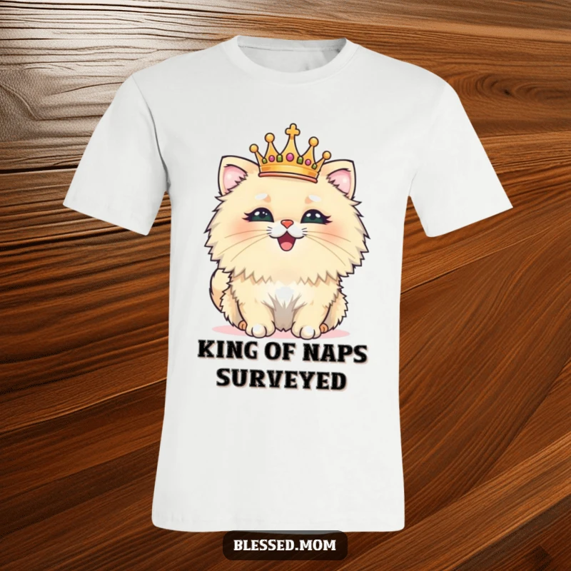Funny t-shirt showcasing a fluffy cat wearing a tiny crown, beaming with pride and exuding royal confidence, hilarious cat apparel.