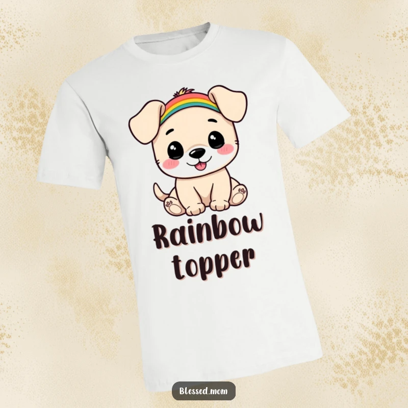 Funny Puppy Rainbow T-Shirt: Happy puppy balances a small rainbow on its head, symbolizing joy and good fortune. A cute and funny gift.