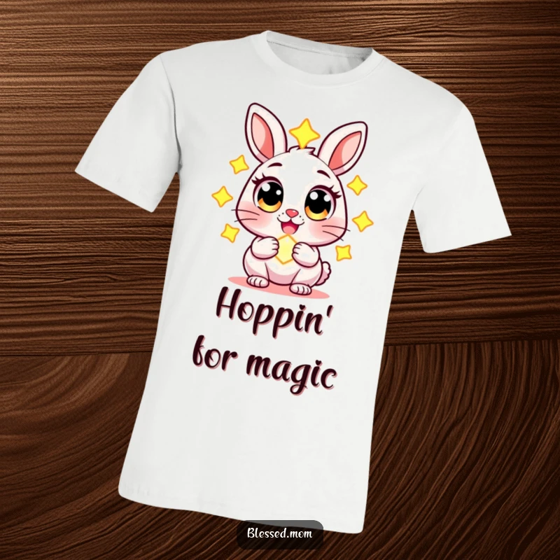 Funny t-shirt with a cheerful rabbit character with wide eyes, holding a glowing charm, expressing enchantment and playful magic.