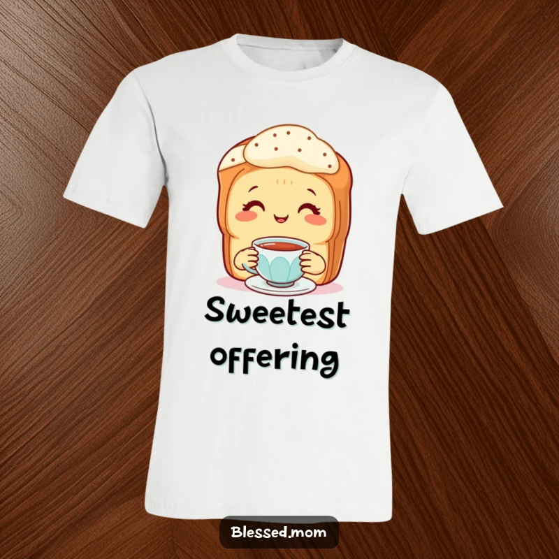 Funny T-Shirt: A smiling mother scone joyfully offering a small cup of tea.