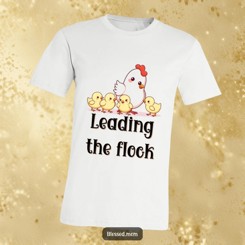 Funny Mother Hen Nudge T-Shirt, a kawaii mother hen gently nudging her chicks forward, encouraging and cute, ideal gift.