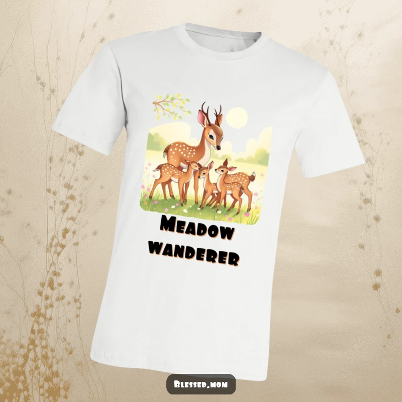 Funny T-Shirt: A graceful deer mom tenderly nuzzling her fawns in a beautiful meadow.