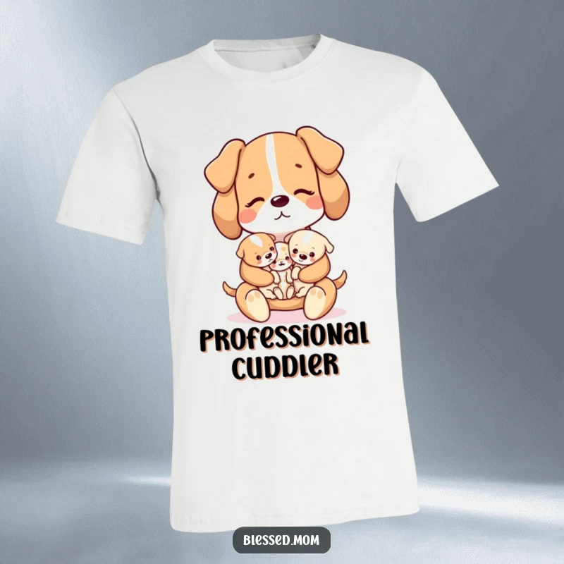 Funny kawaii dog mom gently cradling a litter of tiny puppies on a soft t-shirt, a delightful gift.