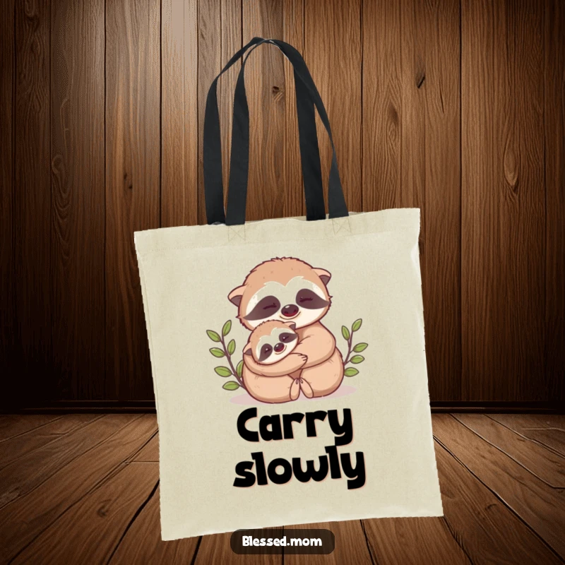 Funny Mama Sloth tote bag displays a cute mama sloth slowly hugging her baby close, perfect for carrying essentials with love.