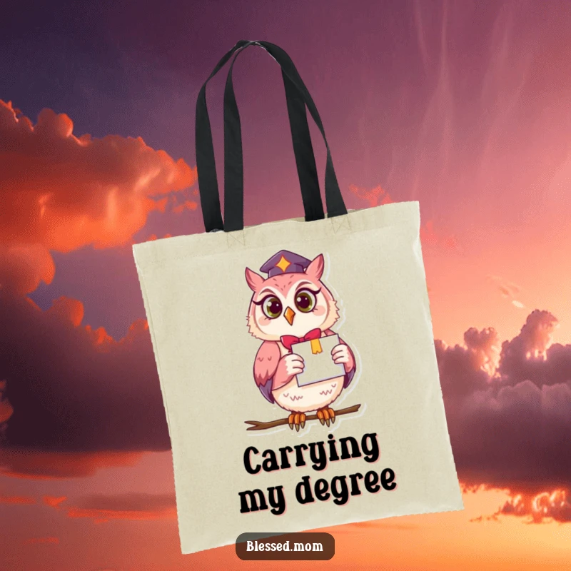 A durable tote bag featuring a funny owl mom holding a diploma, perfect for carrying essentials and celebrating graduation with wit.