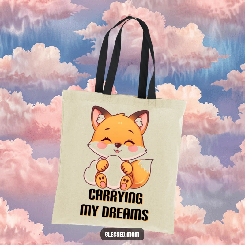 Funny fox tote bag with paws gently touching a soft cloud, perfect for carrying dreams and daily essentials.