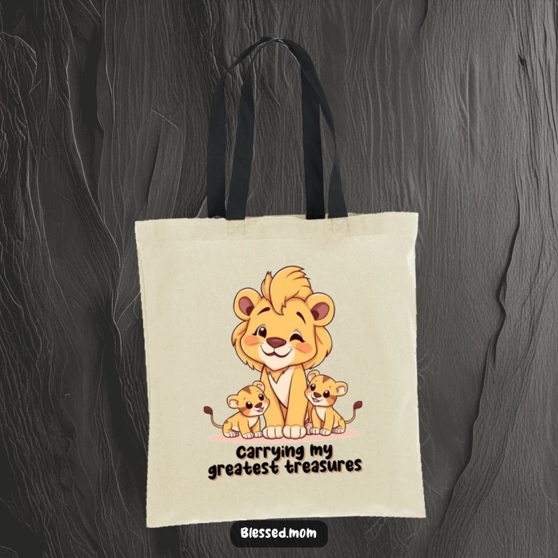 Proud lioness mom tote bag with cubs playing, symbolizing maternal strength and majestic guardianship.