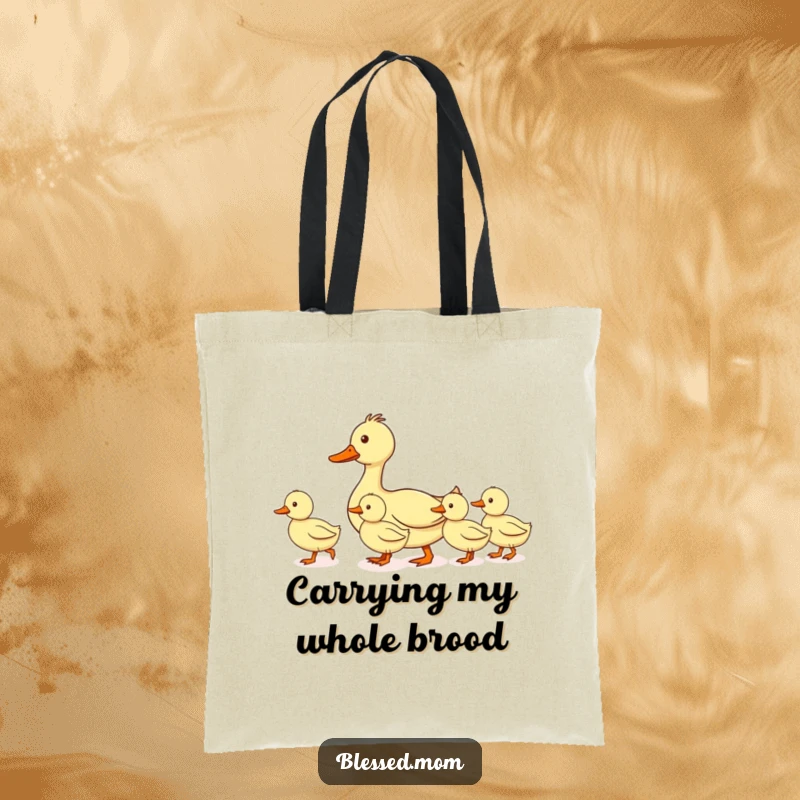 Funny mom duck tote bag, depicting a mother duck leading her ducklings in a perfectly straight line, great for carrying essentials with organized flair.