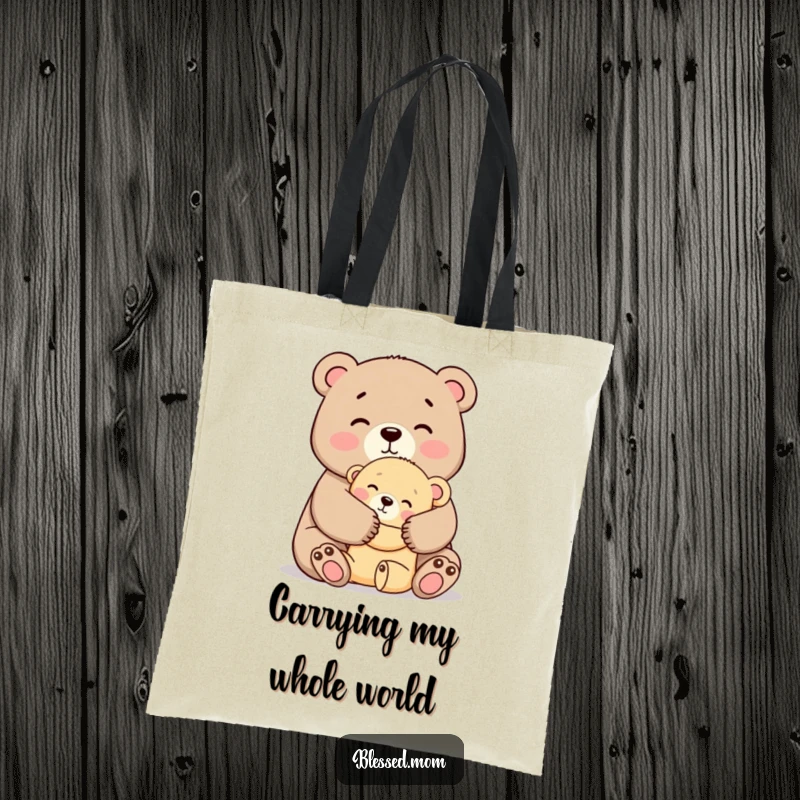 Funny Mama Bear Hug Tote Bag, a kawaii mother bear tightly hugging her cub with affection, durable and stylish, great funny gift.