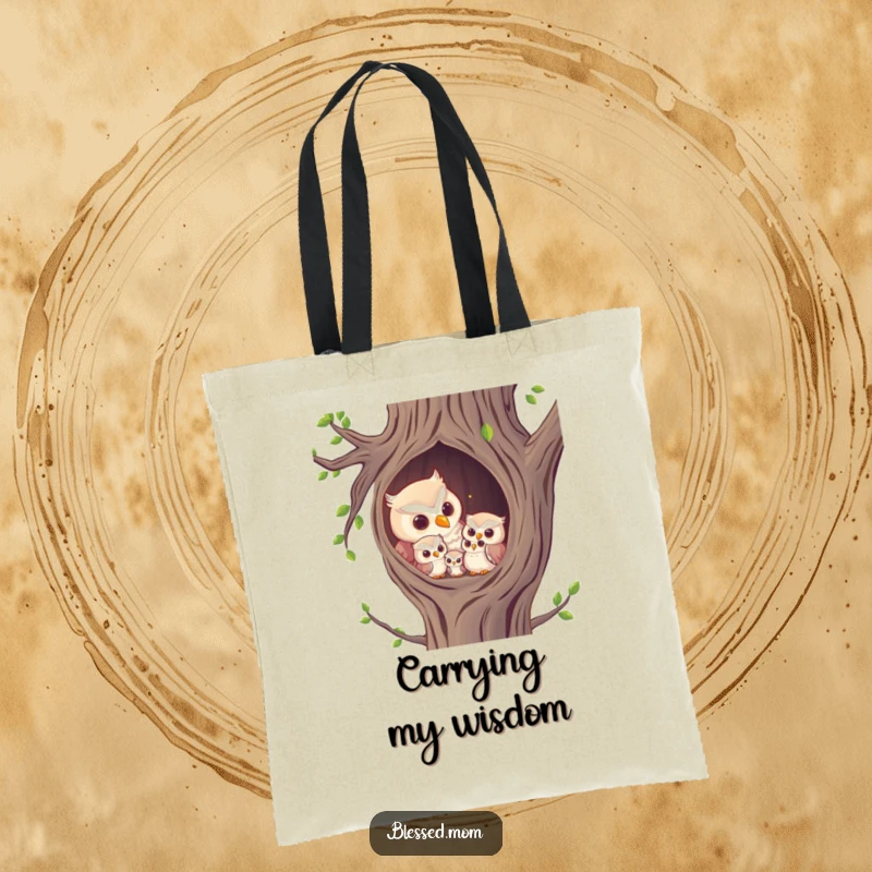 Funny Tote Bag: A mother owl tenderly hooting to her owlets in a cozy tree hollow.