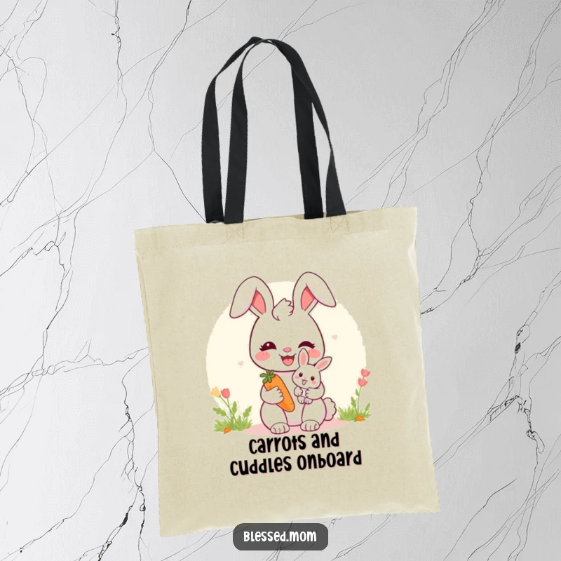 Cute bunny mom tote bag with a baby bunny and carrot, representing nurturing love and adorable motherhood.