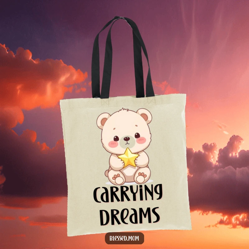 Funny Bear Cub Tote Bag: Cute cub holds a tiny, shimmering star, symbolizing dreams and adventure. A practical and funny gift.