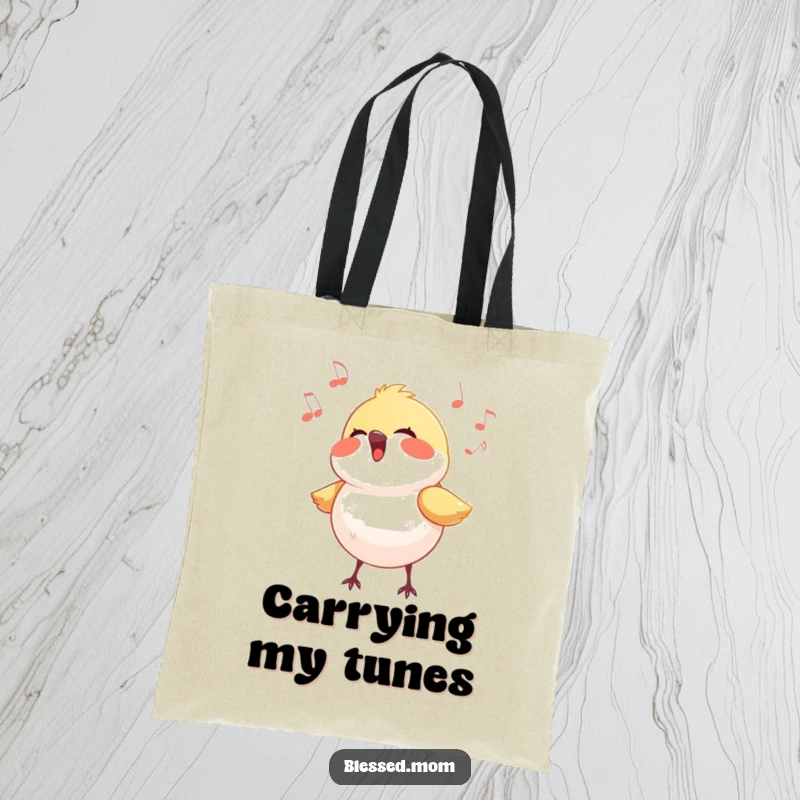 Funny bird tote bag depicting a small bird singing a joyful song with a glowing aura, perfect for carrying happiness.