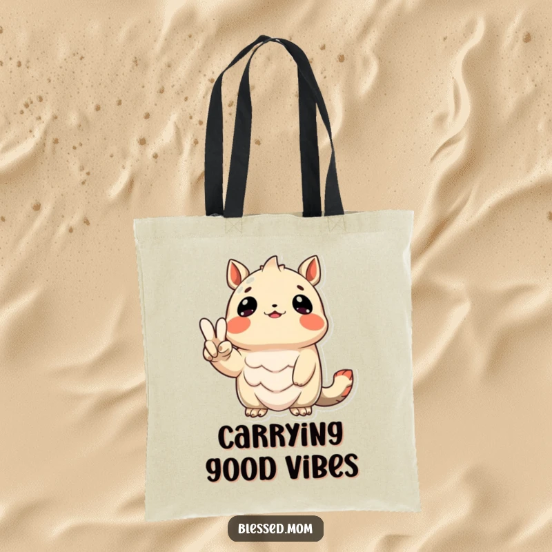 Funny Tote Bag featuring a creature looking up with gratitude, holding a peace sign, perfect for everyday use and positive vibes.