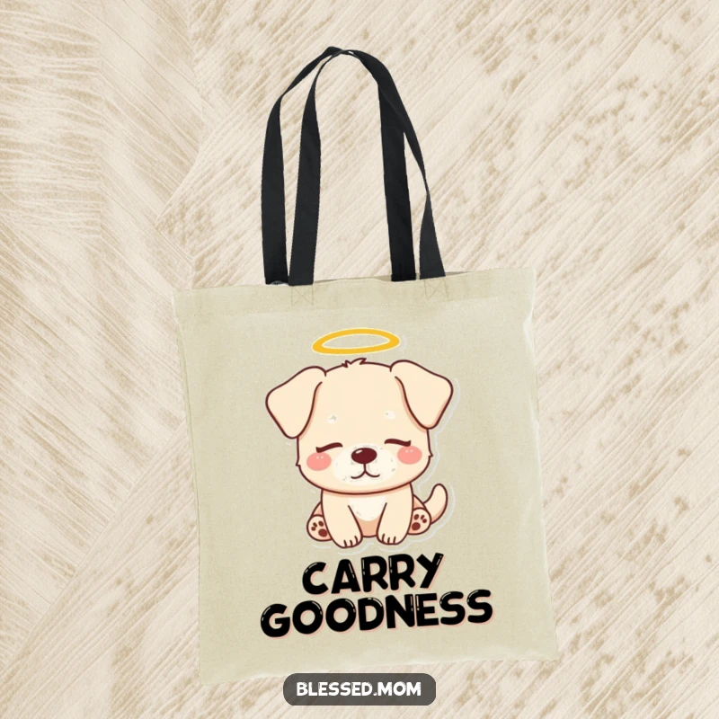 Funny Dog Halo Tote Bag: Kawaii dog with a halo looks serenely peaceful, perfect for carrying essentials. A cute and funny gift.