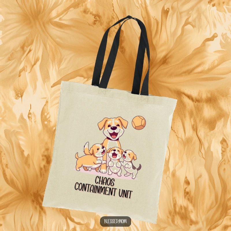 Funny Tote Bag: A dog mom plays fetch with her energetic puppies, a charming design for everyday use.