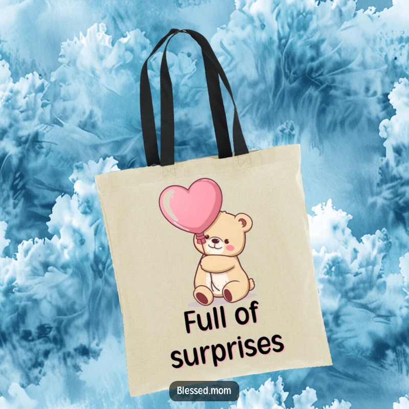 Funny kawaii bear mom hugging a heart balloon on a reusable tote bag, a charming gift.