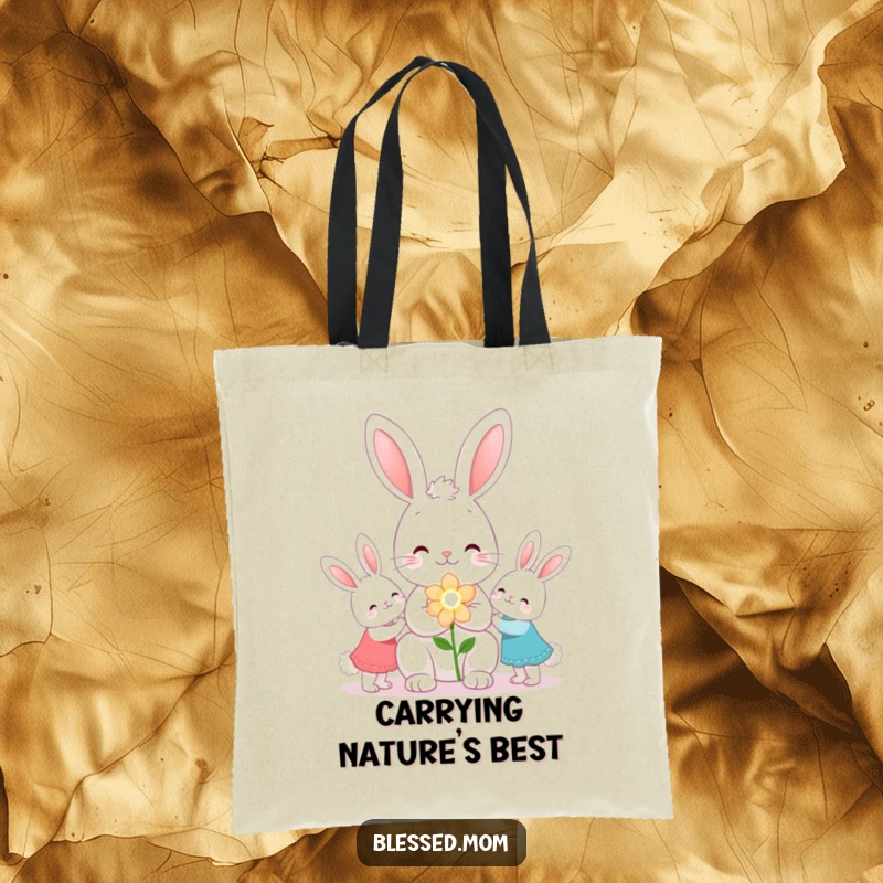 Funny kawaii bunny mom presenting flowers to her children on a reusable tote bag, a charming gift.