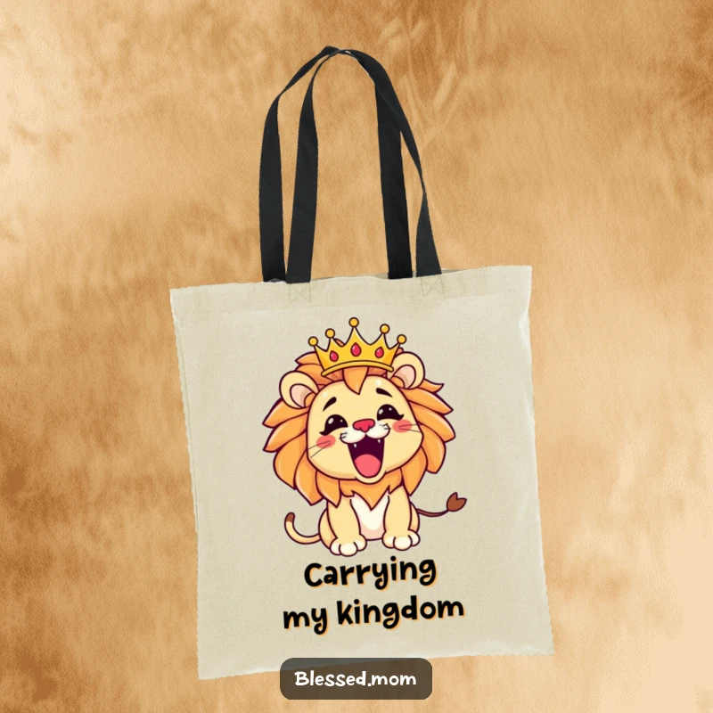 Funny Kawaii Lion Mom Tote Bag: Playful lion mom with a tilted crown, perfect for carrying essentials with regal flair.