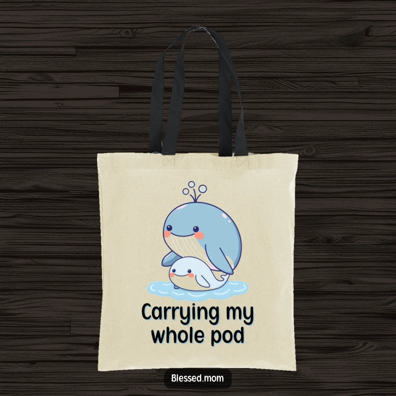 Funny kawaii mother whale and calf, cute ocean-themed tote bag, practical and stylish, perfect funny gift for shoppers.