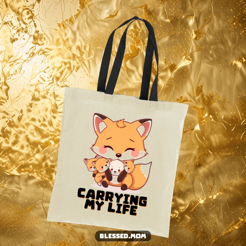 Funny Mama Fox tote bag displays a cute fox playfully carrying its kits in its mouth, perfect for carrying essentials.