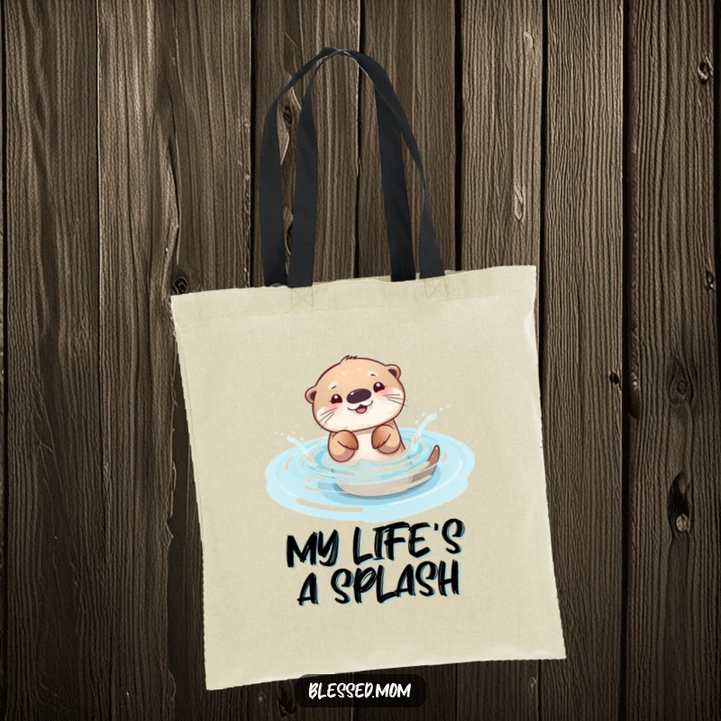 Funny otter mom tote bag, featuring a playful mama otter splashing water in a sparkling pool. Great for everyday use.