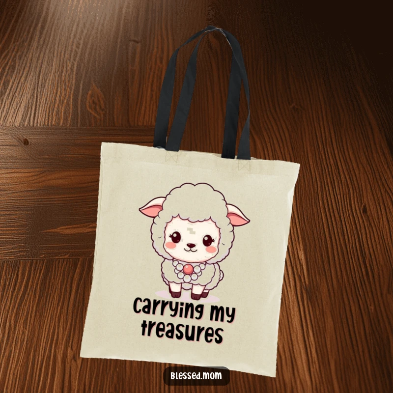 Funny tote bag featuring a fluffy sheep proudly wearing a chic pearl necklace, ready to carry your goods.