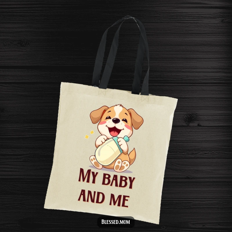 Funny tote bag with a playful dog character joyfully cradling a shiny baby bottle, perfect for carrying daily items with humor.