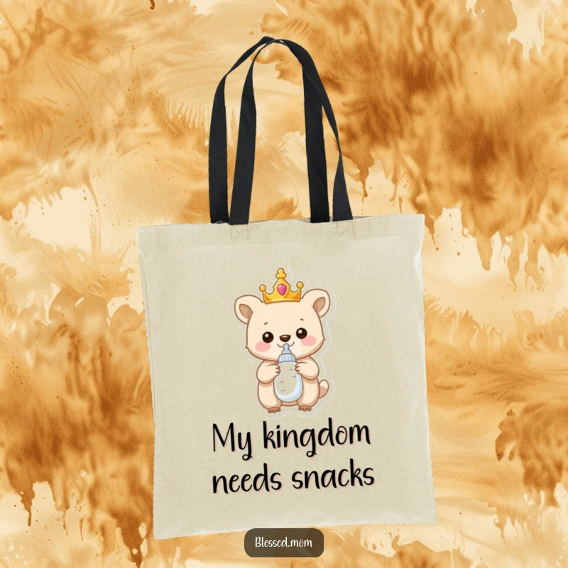 Funny Tote Bag: A crowned baby animal proudly holding a baby bottle, perfect for carrying baby essentials with humor.