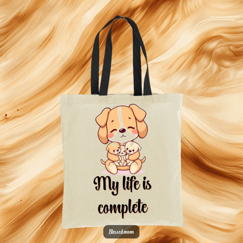 Funny kawaii dog mom carefully holding a litter of tiny puppies on a durable tote bag, a useful gift.